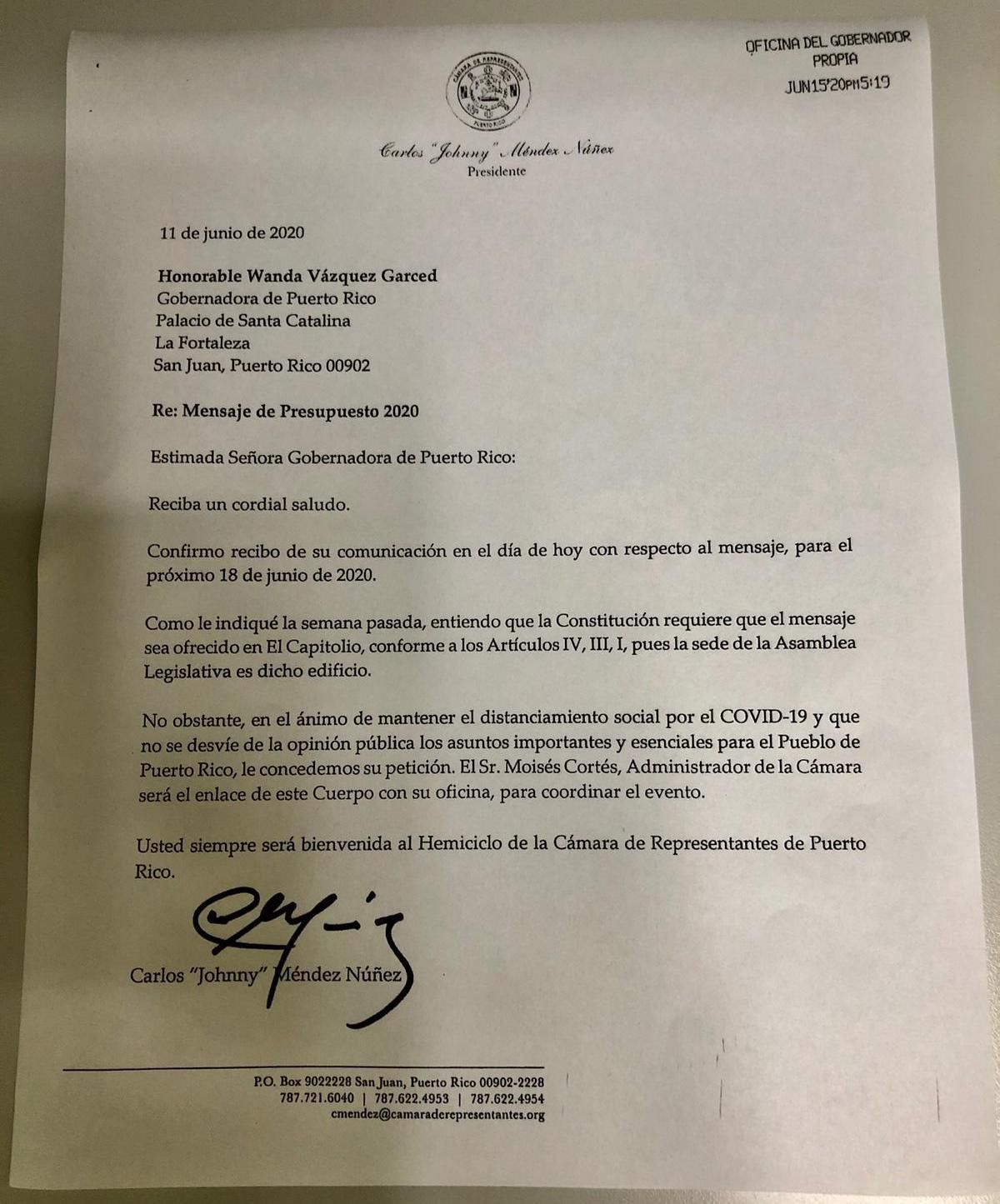 Johnny Mendez da luz verde a la gobernadora para dar su mensaje fuera del Capitolio - junio 18 2020